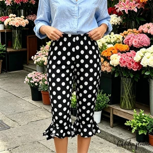 Quần legging dài đến đầu gối mùa hè dành cho nữ Slim Fit Stylish Dot Print Viền xù Quần Capri Mid Rise