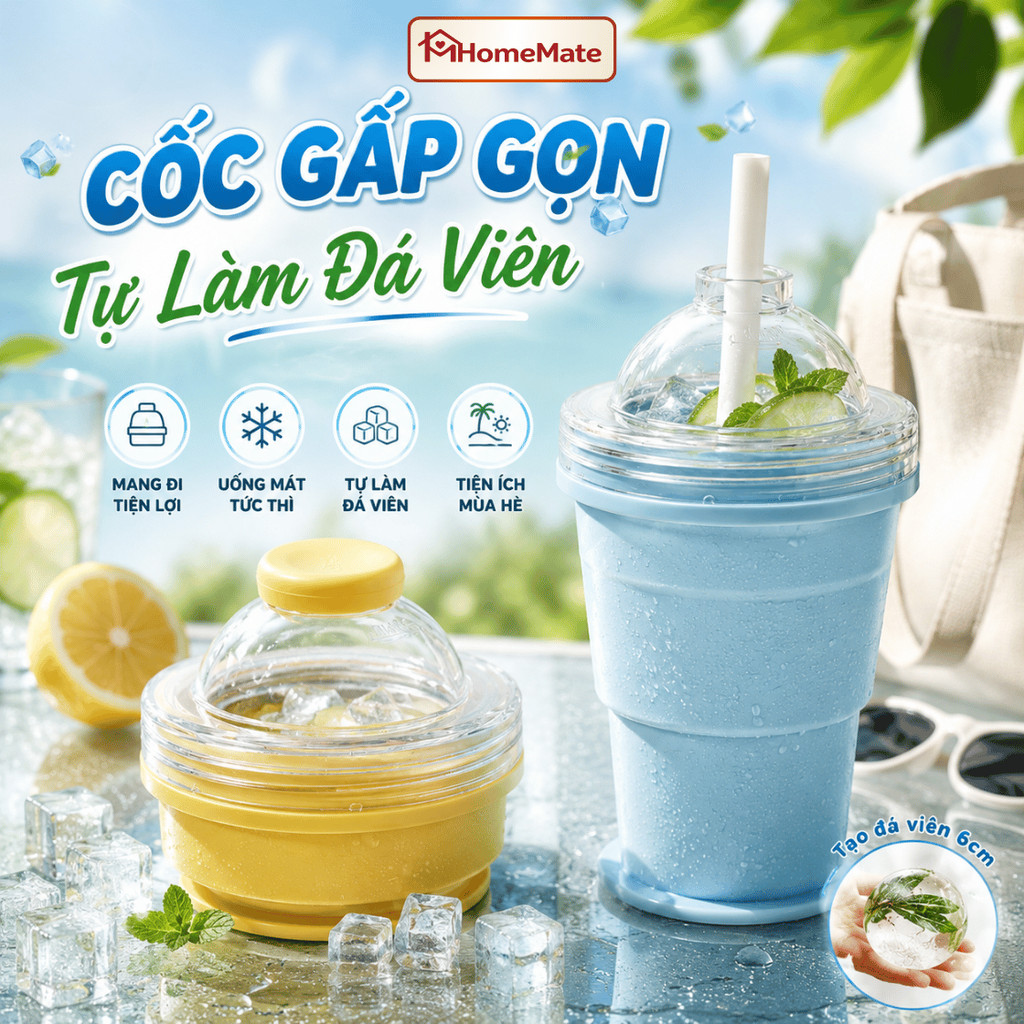 Cốc Gấp Gọn HomeMate 2in1 Làm Đá Viên – Cốc Silicone Du Lịch Kèm Ống Hút, Khuôn Làm Đá Mini Tiện Lợi 2026