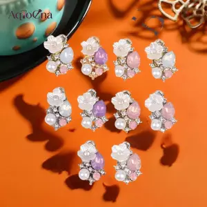 AqToCna 10 Chiếc Năm Cánh Chảy Kim Cương Giả Ngọc Trai Flatba Nút Trang Trí Đám Cưới DIY Quần Áo Thêu Sò Thủ Công Phụ Kiện AqToCna