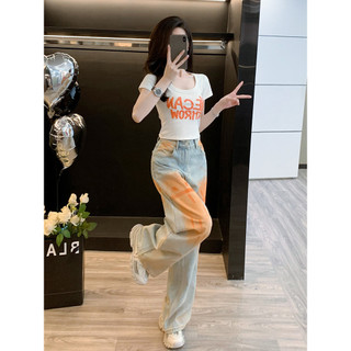 Bộ áo thun ôm dáng cổ chữ U in chữ nổi 3D và quần jean rách phong cách Mỹ Trẻ Trung cho Nữ mùa Hè