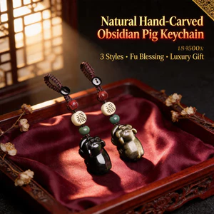Móc khóa lợn Obsidian tự nhiên - Charm may mắn hạt "Fu" được chạm khắc bằng tay - 2 kiểu dáng (Vàng Sheen / Mắt cầu vồng) Sang trọng cho bạn gái / Bestie