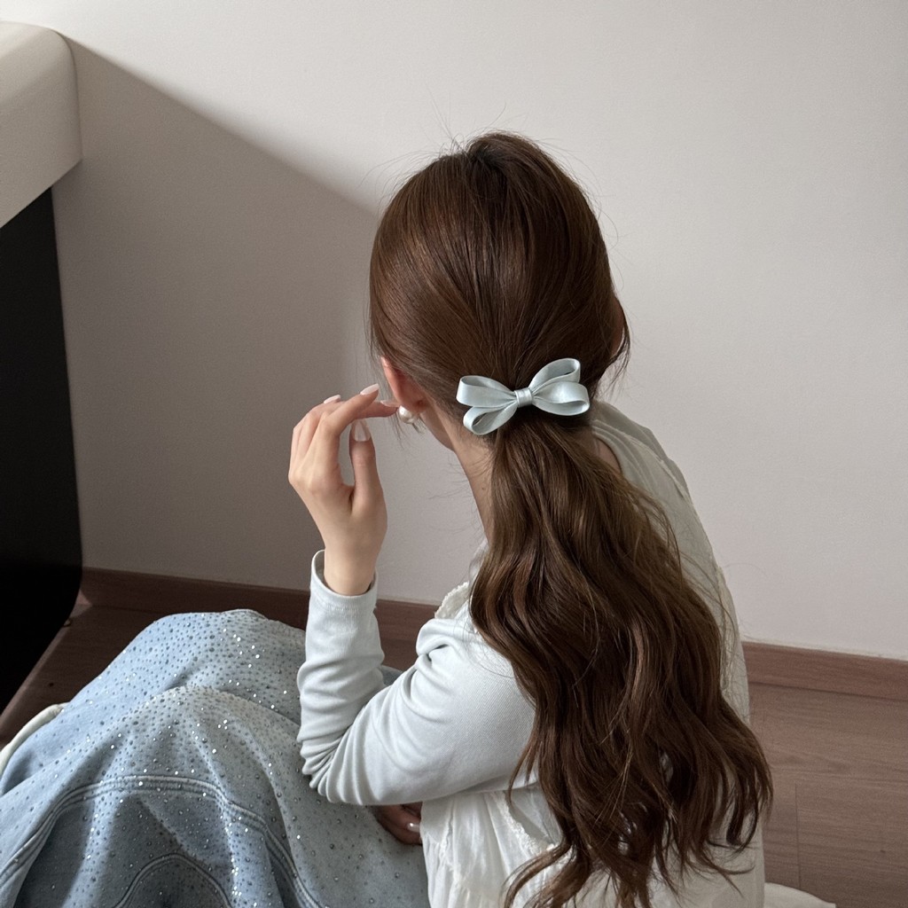 Kẹp tóc nơ Satin màu xanh Hàn Quốc để giữ tóc bangs