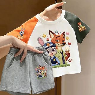 Trẻ Em Raglan Bộ Áo Thun Tay Ngắn Nam Nữ Bé Hoạt Hình Crazy Animal City Top Quần Short Thường Ngày Hai Mảnh Bộ t