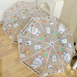 Dù mưa hoặc mưa Dù trong suốt tươi Đẹp Thỏ dâu tây dễ thương Tự động Học sinh Trẻ em Ô dù di động