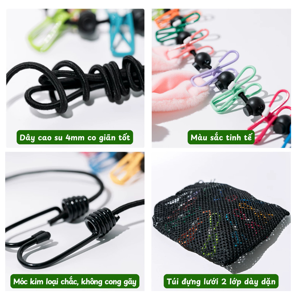 Dây Phơi Đồ Du Lịch 3.5m Co Giãn Nâng Cấp - 12 Kẹp Treo Phơi Quần Áo Di Động Chống Gió