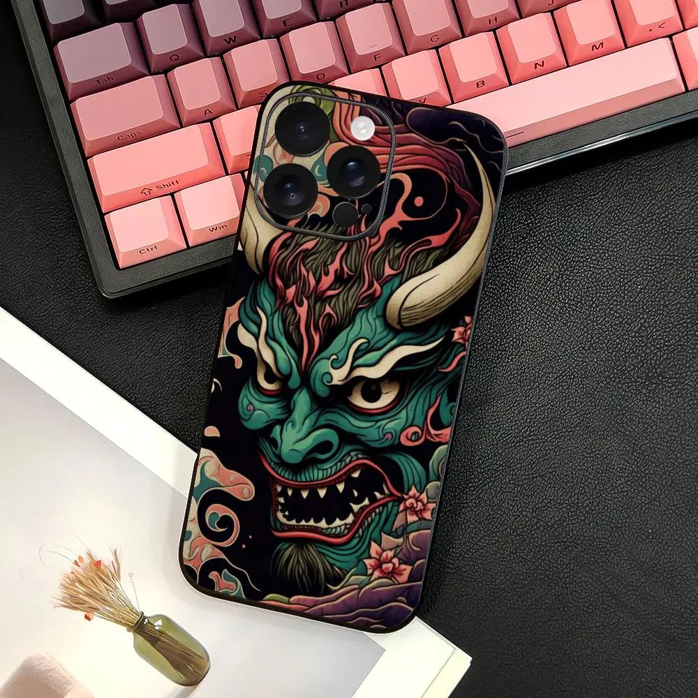 TP-1 Oni Hannya Samurai Demon Ốp Lưng Điện Thoại IPhone 17 16 15 14 13 12 11 Pro Max Plus Mini Đen Mờ Vỏ Mềm Funda