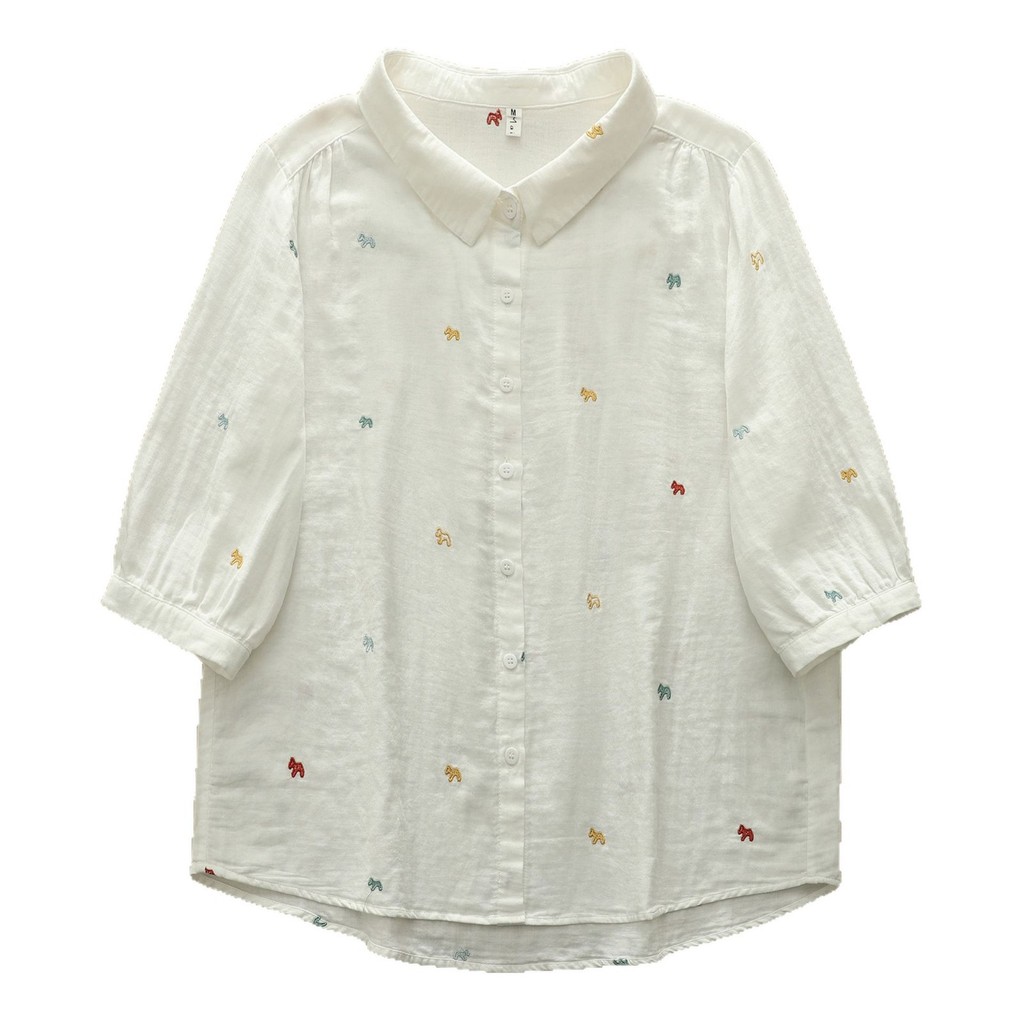 Áo sơ mi nữ cotton cao cấp, thiết kế thêu ngựa văn học mềm mại, phù hợp mặc hàng ngày