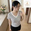 Áo thun Cổ Tim sọc viền nữ chiết eo basic, áo phông nữ ôm body cộc ngắn tay vải cao cấp co giãn A006
