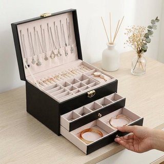 Hộp đựng đồ trang sức 3 tầng bằng da PU Ngăn kéo tổ chức Vòng cổ Bông tai Hộp đựng phụ nữ