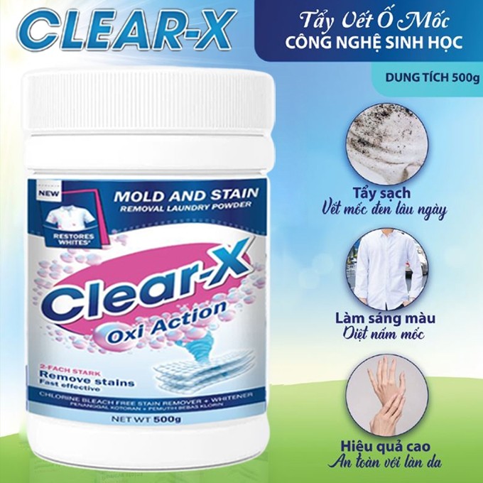 Bột Tẩy Trắng Quần Áo Trắng Và Màu CLEAR X Công Nghệ Mới – Tẩy Ố Vàng, Mốc Cực Mạnh, Sạch Nhanh, Hiệu Quả