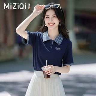[MIZIQI] Áo thun ngắn tay hai mảnh cổ Polo giả dành cho nữ, Áo thun nữ dáng rộng thường ngày mùa hè