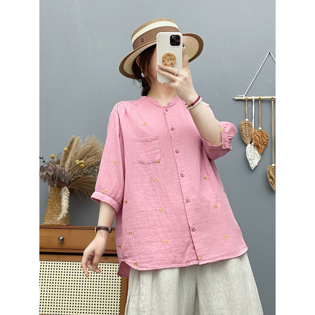Áo sơ mi nữ cotton cao cấp hoạt hình Hàn Quốc thêu nơ dáng rộng cổ đứng ngắn tay