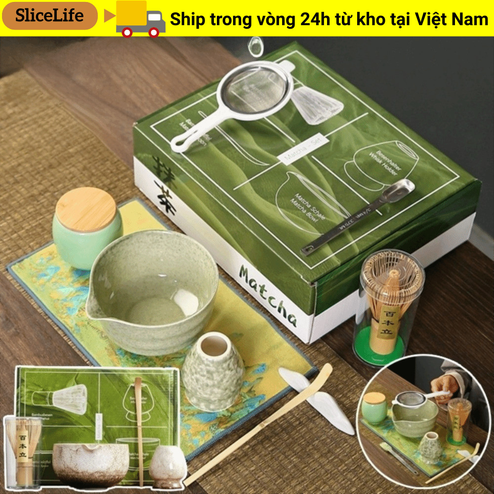 Bộ trà Matcha Nhật Bản SLICELLIFE, Bát diêm Que trà Bàn chải Matcha, Muỗng Matcha có thể tái sử dụng Dụng cụ pha trà bằng gốm tre Bộ đánh trứng Matcha dành cho những người yêu thích trà