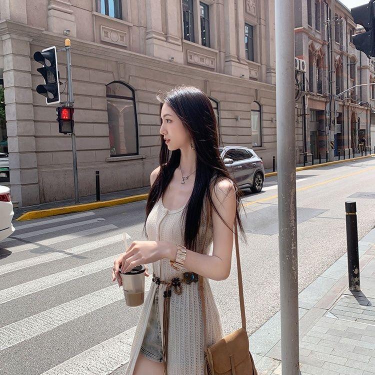 [Thời gian có hạn Seckill] Váy Cardigan dài dệt kim rỗng phong cách nghỉ mát dành cho nữ Mùa hè Phong cách mới nhiều lớp Váy Vest không tay Váy dài