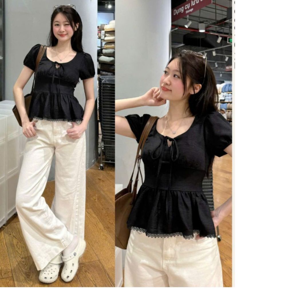 Áo Kiểu Nơ Buộc Bo Eo Tay Bồng Pha Ren A31177 Thời Trang Nữ Bigsize - SamHi Closet
