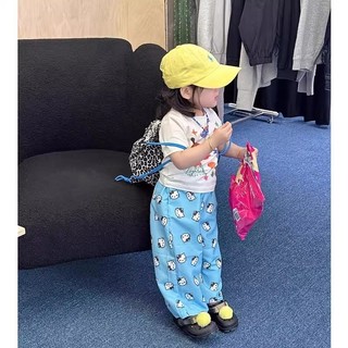 Bộ hai mảnh in hình hoạt hình mùa hè cho bé gái Áo thun ngắn tay in hình động vật màu trắng + Bộ quần chống muỗi màu xanh