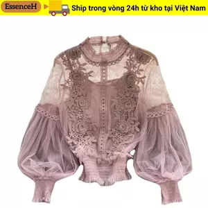 ESSENCEH 2 Cái / bộ Áo Dài Tay, Vintage Ren Puff Crop Top, Hoa Thường Ngày Mùa Hè Hàn Quốc Áo Sơ Mi Nữ Quần Áo Nữ