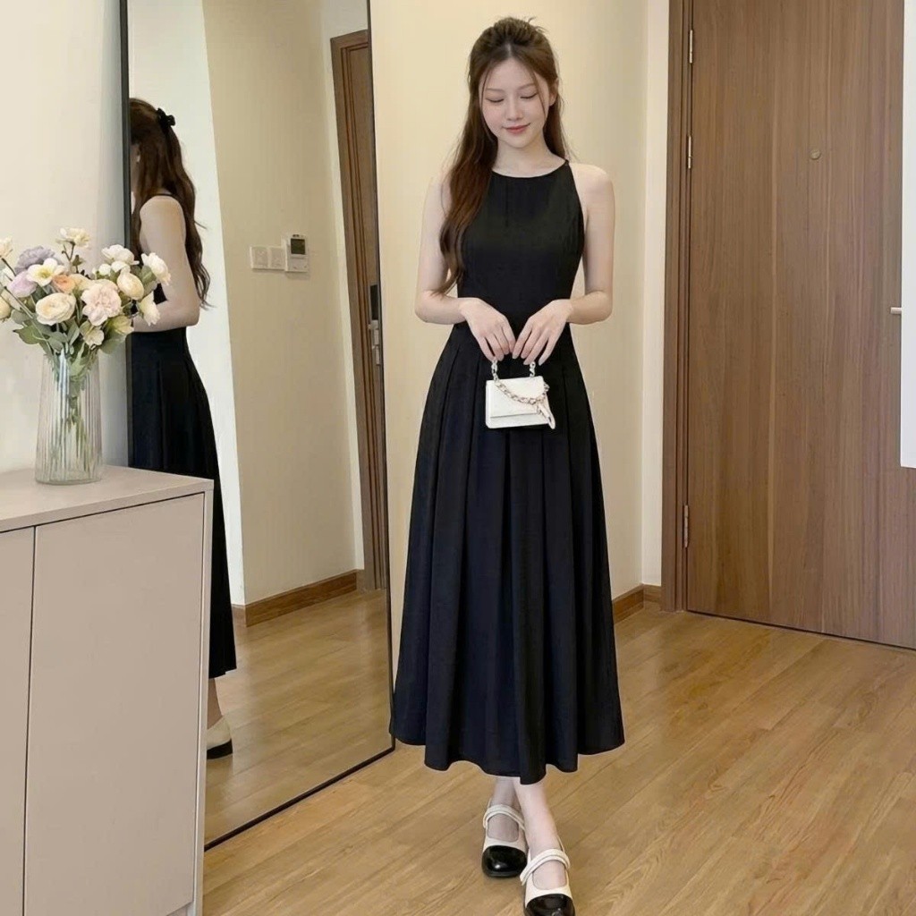Váy Cổ Yếm Dáng Dài Xòe Chất Chéo Tiểu Thư Hàn Quốc Thanh Lịch Nữ Tính Linh Tây.Clothing V003