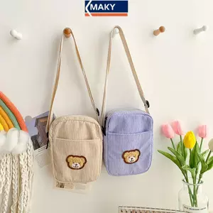 MAKY Di Động Corduroy Gấu Điện Thoại Túi Đeo Ngang Điện Thoại Di Động Ví Đựng Tiền Xu Thời Trang Túi Nhỏ Corduroy Mini Túi VN