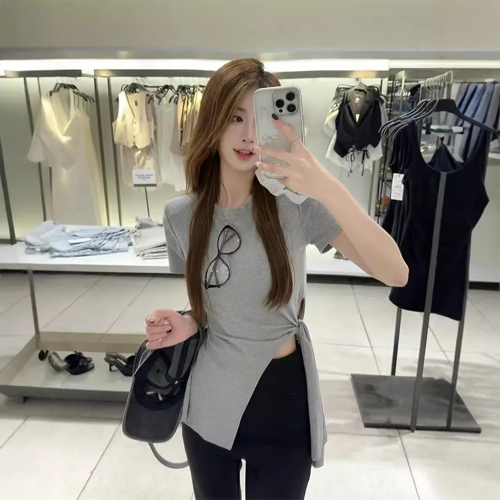 Milyfashion Gợi Cảm Tinh Khiết Desire Cao Khe Ren Áo Thun Ngắn Tay Nữ Mùa Hè Phong Cách Mới Không Đều Nghẹt Eo Ôm Hơn Nhìn Trang Trọng S