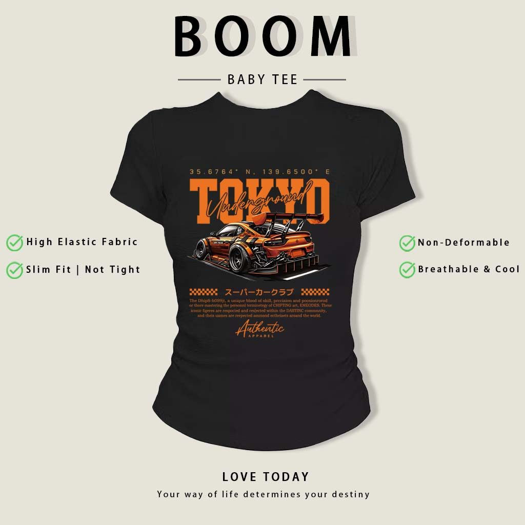 BOOM Áo Baby Tee Nữ Cotton Ôm Body-Áo Thun Ngắn Tay Y2K In Hình PhongCách Mùa Hè, Cổ Tròn Hàng Đầucách hàn quốc phongE34