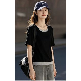 【Nên mua】áo kiểu nữ tay ngắn giả hai lớp đen xám, dáng rộng chất thun mềm, áo thun nữ năng động dễ
