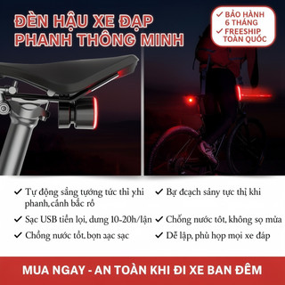 Đèn hậu xe đạp USB sạc lại, chống nước IPX4, cảnh báo phanh thông minh, siêu sáng