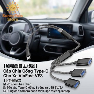 Vinfast VF3 Type C USB Hub Splitter 3 cổng Vỏ nhôm Cáp Nylon 10W 60W Dash Cam Sạc