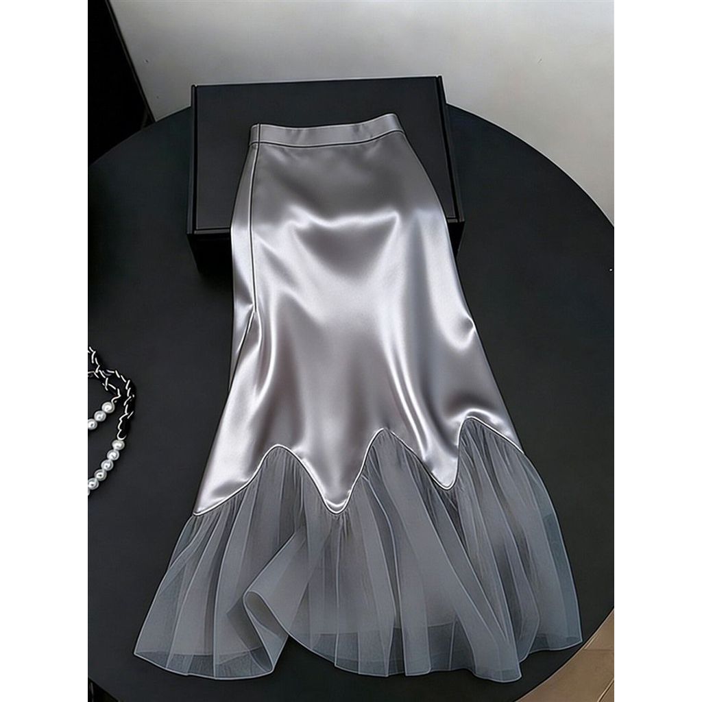 Váy Nửa Chiều Satin Xám, Thiết Kế Độc Đáo Phong Cách Phương Tây