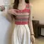 Áo dệt kim mỏng tweed sọc tròn cổ không tay phong cách Hàn Quốc cho mùa hè