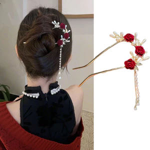Kẹp tóc hoa hồng tua rua phong cách Trung Quốc, kẹp tóc ngọc trai hình chữ U, phụ kiện tạo kiểu búi tóc cao cấp
