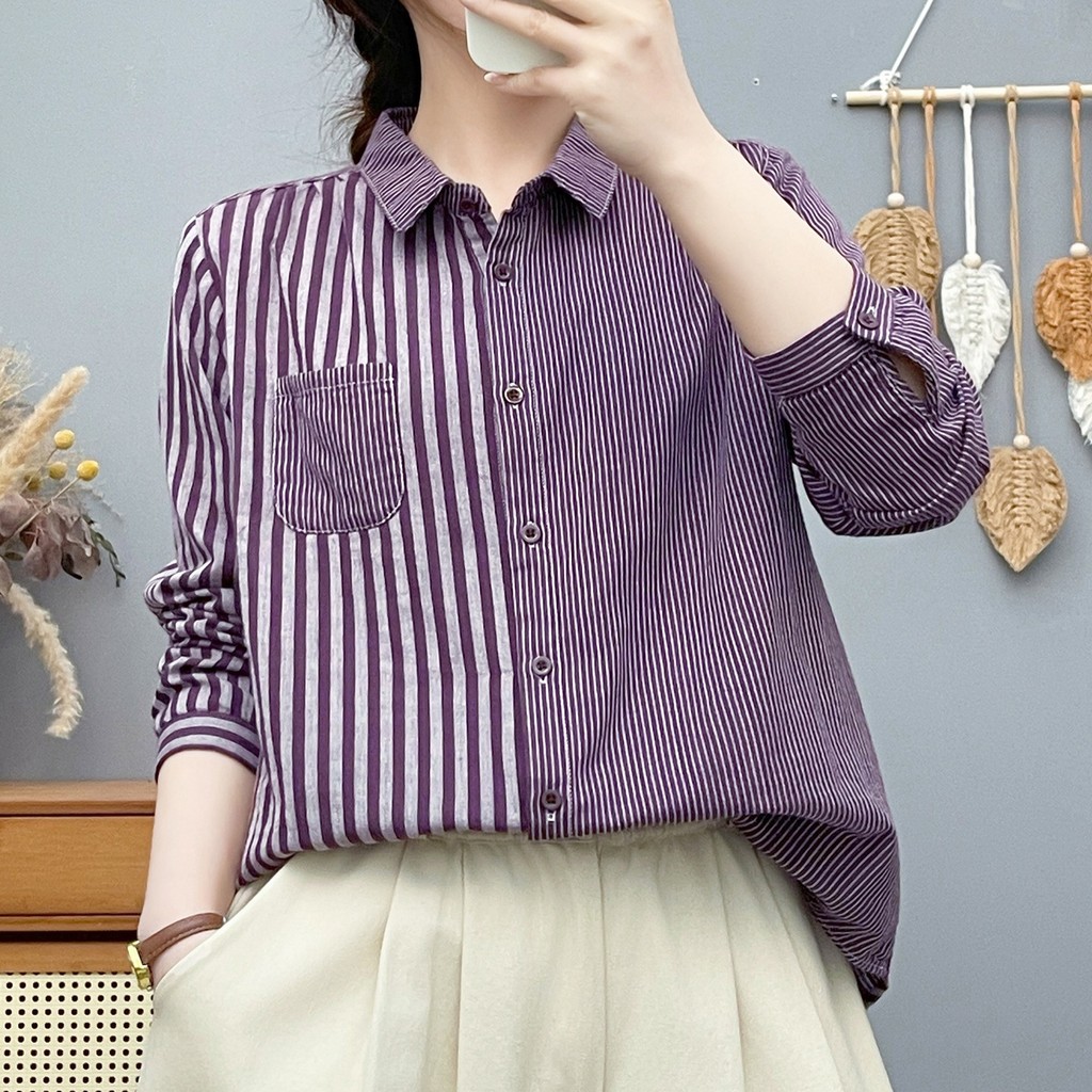 [Sẵn sàng] Áo sơ mi nữ cotton cao cấp, tay dài, phong cách retro, vải cotton nhuộm sợi mềm mại, thân thiện với da