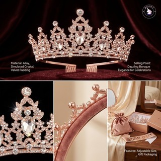 Băng đô vương miện bằng kim cương giả Baroque Phụ kiện tóc hợp kim có thể điều chỉnh cho bữa tiệc nữ hoàng sinh nhật