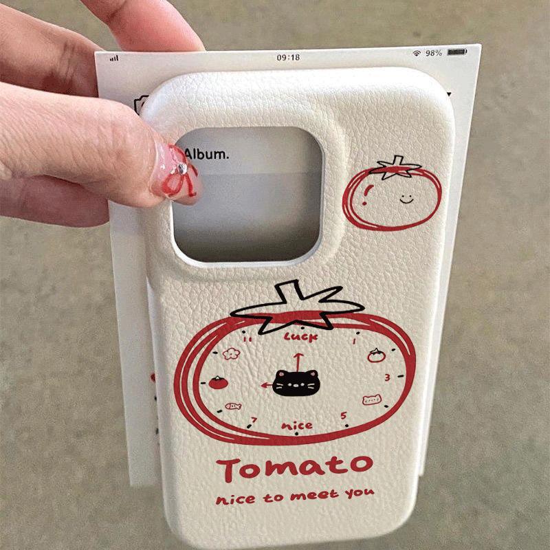 Tomato cà chua đồng hồ mèo cho iPhone 17promax trường hợp iPhone 14/13/12 giả da kết cấu