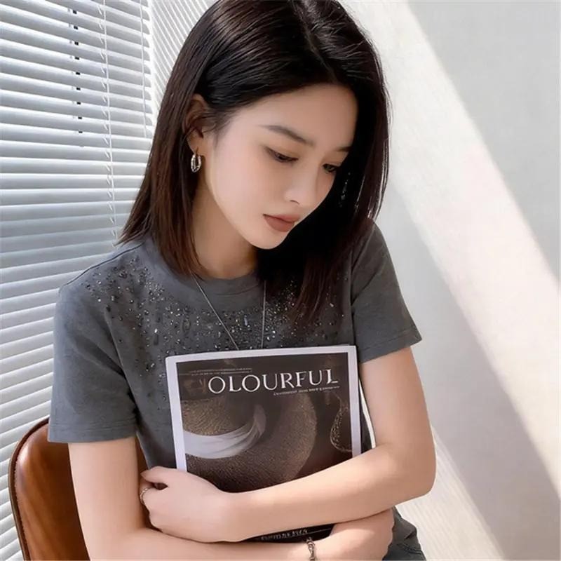 Áo thun cổ tròn mùa hè Hàn Quốc dành cho nữ tay ngắn dáng rộng giảm béo hàng đầu mới