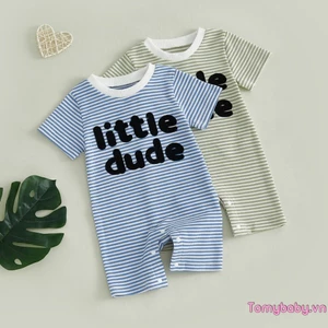 Bộ áo liền quần sọc cho bé trai Bộ áo liền quần ngắn tay cổ tròn thêu chữ mùa hè