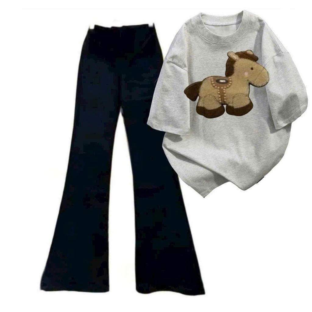 [ MỞ BÁN GIẢM 60% ] Bộ quần ống loe dài + và áo phông unisex hình LỪA-setbosieuxinh