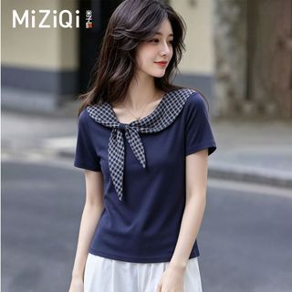 【MIZIQI】 Áo thun ngắn tay có dây buộc khí chất dành cho nữ, Áo thun mỏng hơn có dây buộc mùa hè
