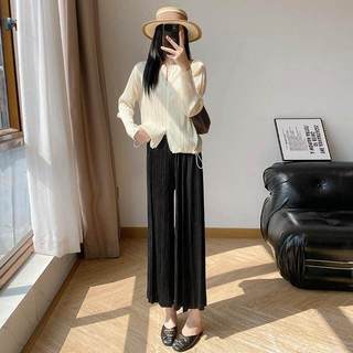 Miyake Xếp Ly Áo Khoác Thời Trang Rời Mỏng Hơn Nhìn Dây Kéo Cardigan Cổ Tròn Thu Đông Cao Cấp Xếp Ly Dây Rút Nữ
