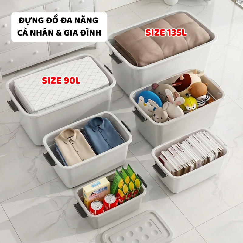 Thùng Đựng Đồ Lớn 90L - 135L Có Nắp ENODA HOME, Thùng Nhựa Đựng Đồ Chơi, Quần Áo Cực Lớn Có Bánh Xe Q010