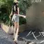 Áo thun ngắn Denim hai mảnh giả mùa hè eo cao không đều có dây buộc phiên bản Hàn Quốc Thời trang thông thường