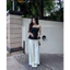 Set áo đen cúp ngang dáng peplum xoè thun sau + quần suông trắng ống rộng MyaHouse