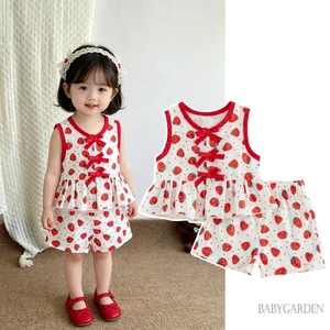 6M-4Y Bé Gái Dâu Trang Phục Nơ Không Tay Xù Viền Áo Và Quần Short Bộ 2 Món Mùa Hè