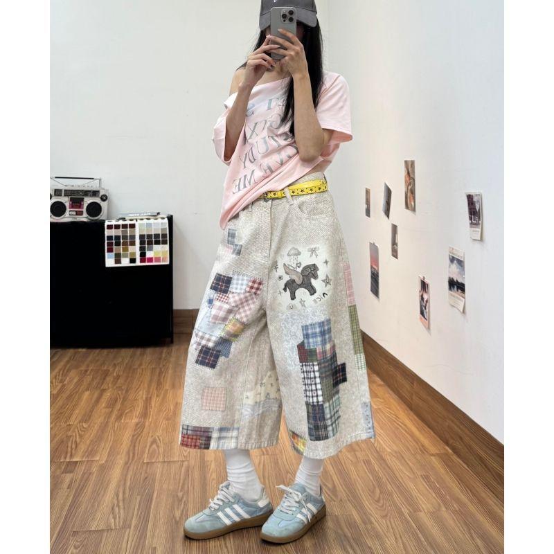 [Ưu đãi đặc biệt trong thời gian có hạn] American Retro Washed Patch Stitchered Design Crop Jeans Nữ Mùa Hè Phố Cao Cấp Rời Ôm Hơn Nhìn Giữa