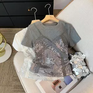 Áo thun ngắn tay hai mảnh giả màu xám khâu sang trọng phù hợp cho mọi trận đấu hàng đầu dành cho nữ