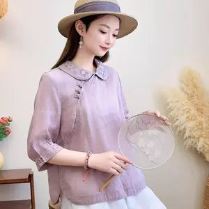 Mùa hè Phong cách mới Retro Nghệ thuật Phong cách dân tộc Áo sơ mi ve áo chéo Áo Cardigan phong cách Trung Quốc Khóa áo sơ mi nữ