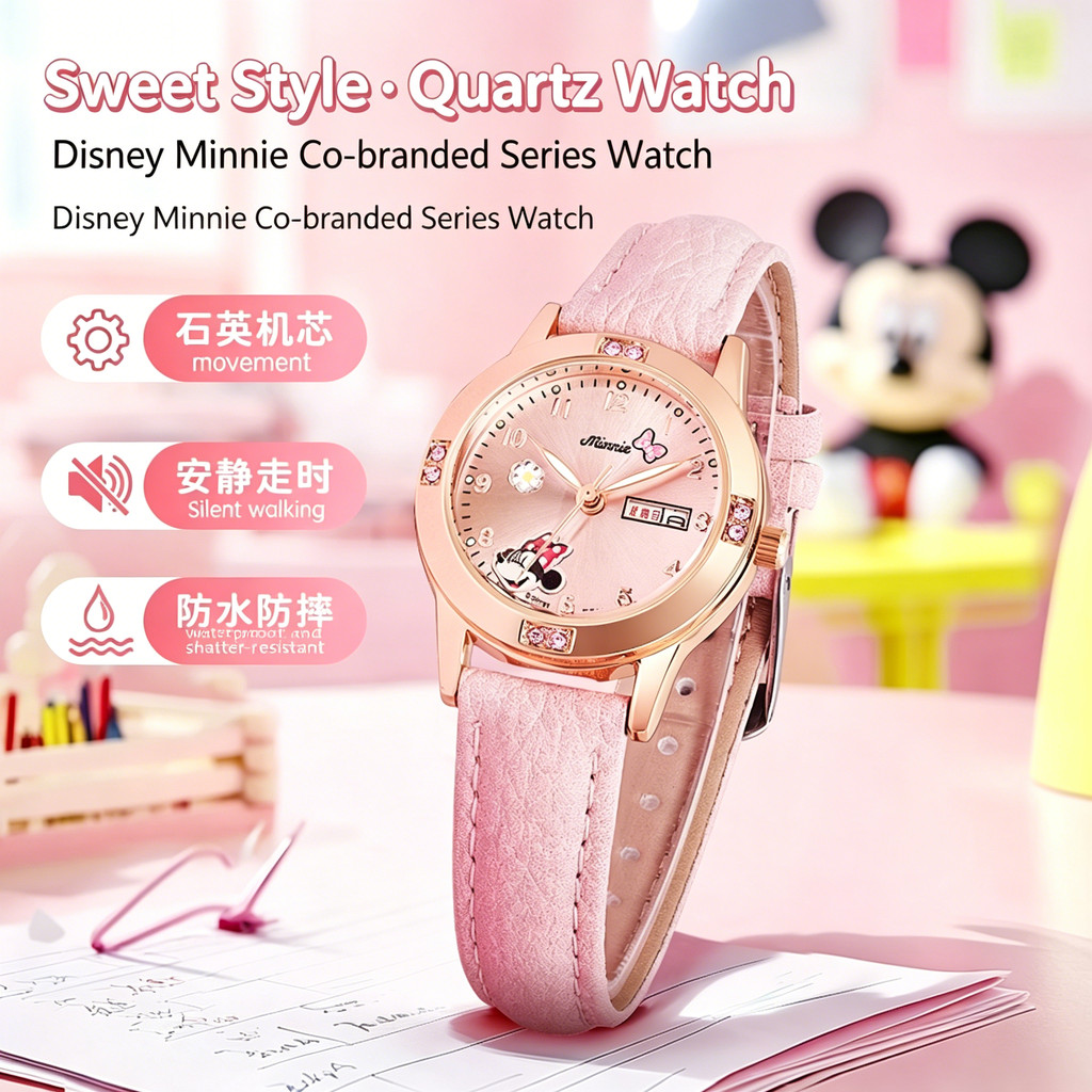 Đồng hồ thạch anh nữ Disney Minnie chính hãng có màn hình ngày & tuần Dây đeo bằng da không thấm nước Quà tặng đồng hồ thông thường