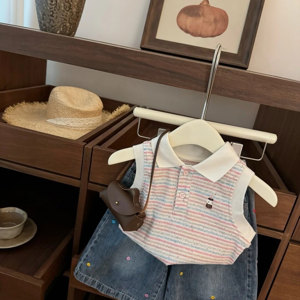 Bé Gái Hoạt Hình Mùa Hè kt Sọc Vest Sườn Xám Quần Jean Phù Hợp Với Thời Trang