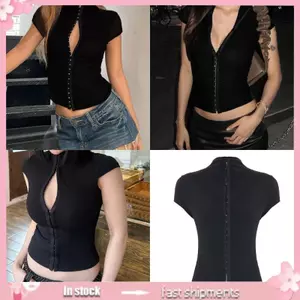 YOI Croptop Mùa Hè Ngắn Tay, Phù Hợp Đi Ngoài, Cổ Gân Trendy