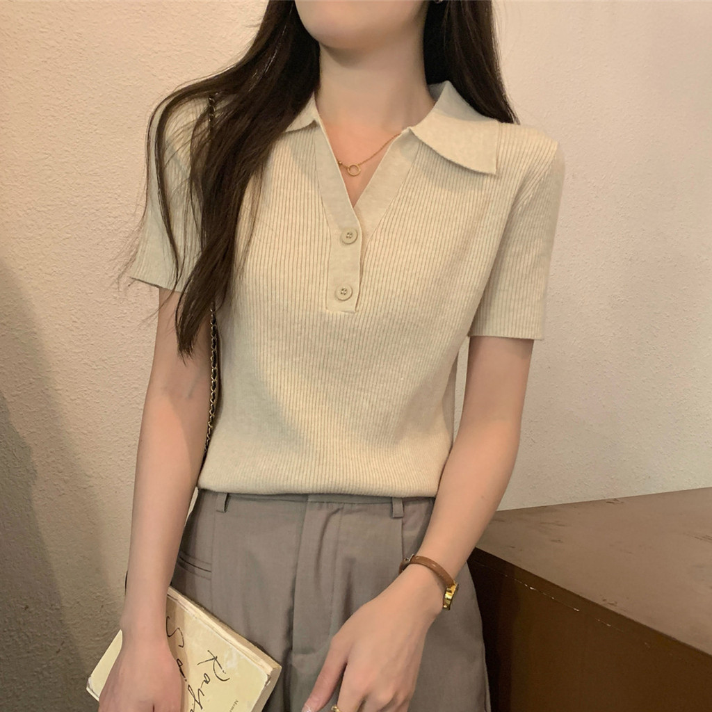 SUXI Áo sơ mi polo nữ ngắn tay, chất liệu dệt kim mềm mại, phù hợp mùa hè 260424